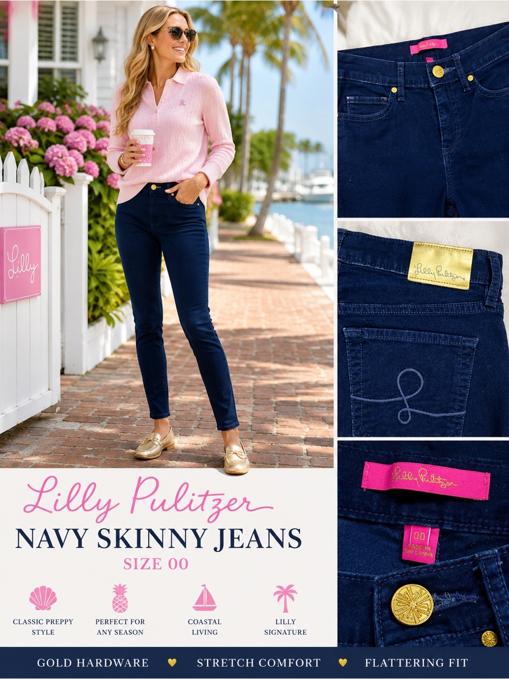 Lilly Pulitzer Navy Blue Stretch Skinny Jeans Gold Hardware Size 00